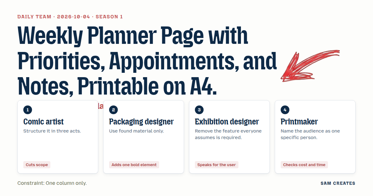Team for 2026-10-04: Comic artist · Packaging designer · Exhibition designer · Printmaker