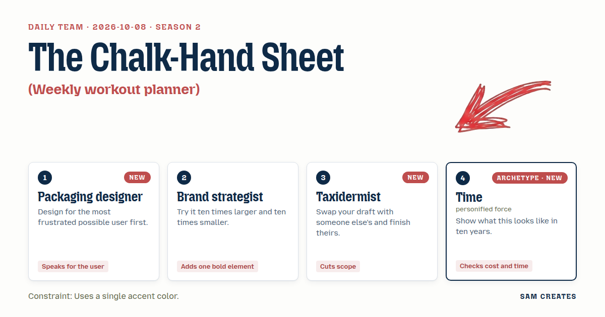 Team for 2026-10-08: Packaging designer · Brand strategist · Taxidermist · Time