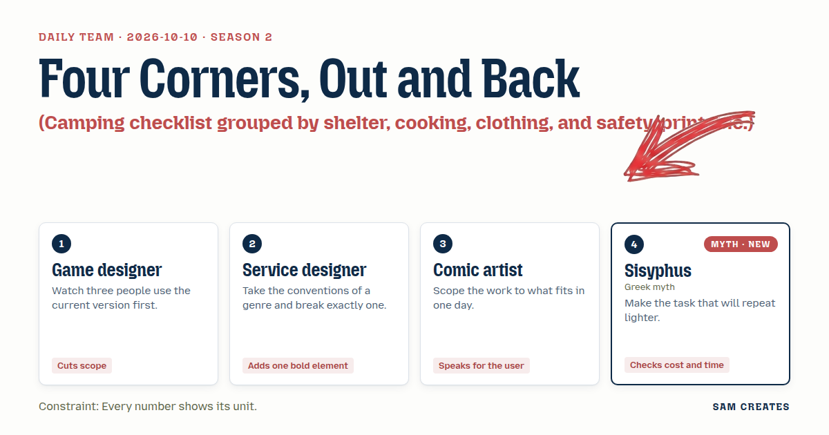 Team for 2026-10-10: Game designer · Service designer · Comic artist · Sisyphus