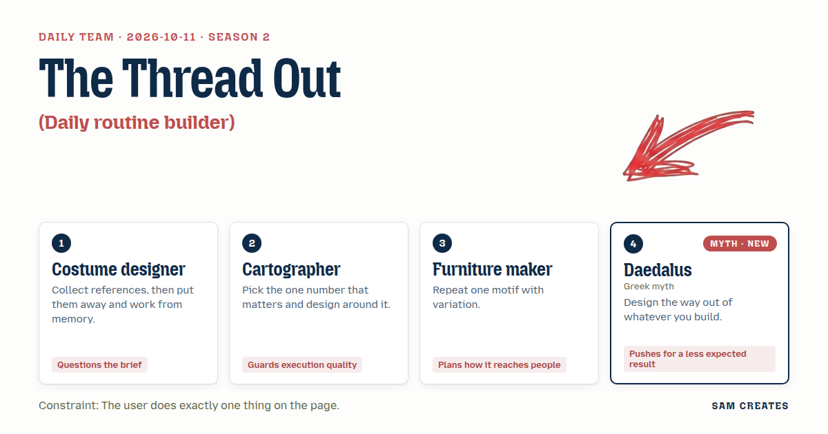Team for 2026-10-11: Costume designer · Cartographer · Furniture maker · Daedalus