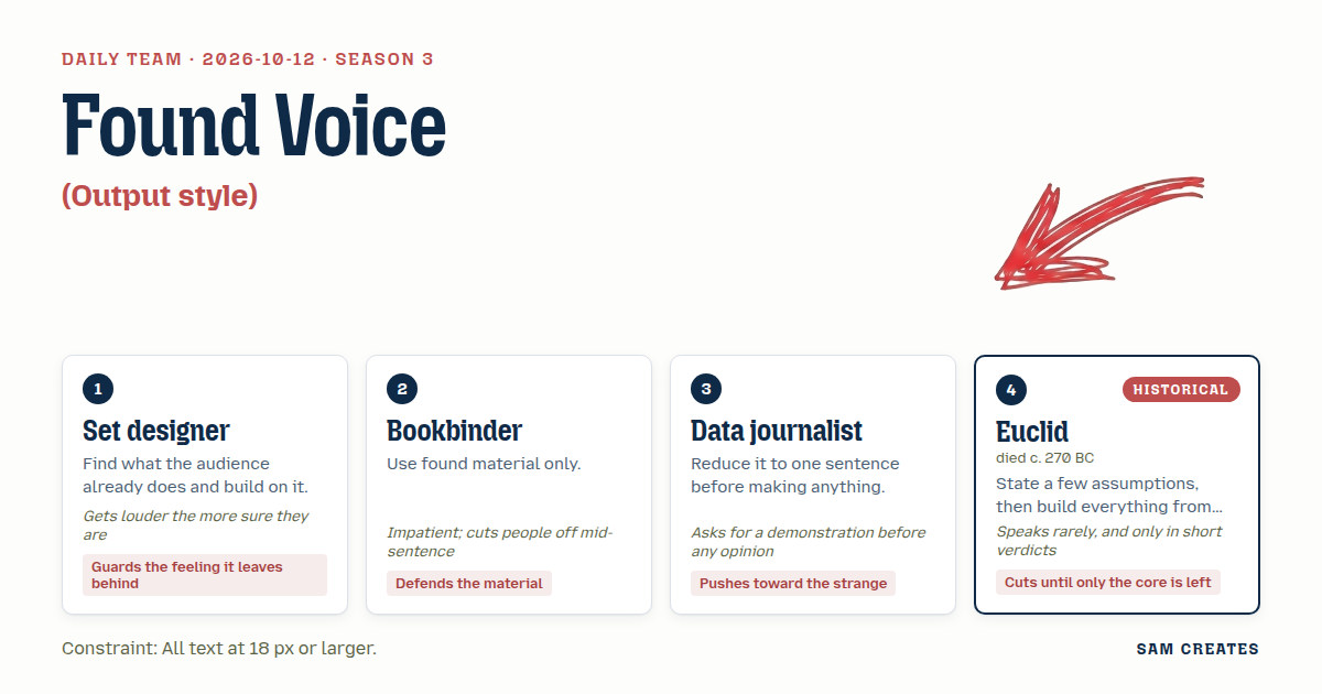 Team for 2026-10-12: Set designer · Bookbinder · Data journalist · Euclid