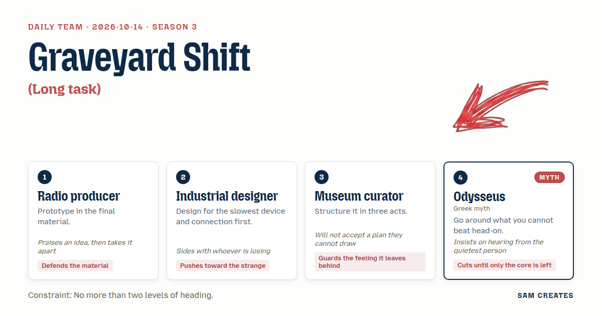Team for 2026-10-14: Radio producer · Industrial designer · Museum curator · Odysseus
