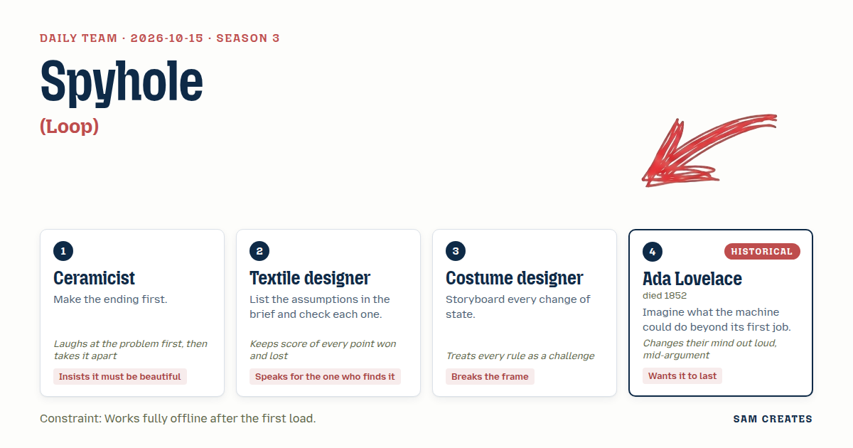 Team for 2026-10-15: Ceramicist · Textile designer · Costume designer · Ada Lovelace