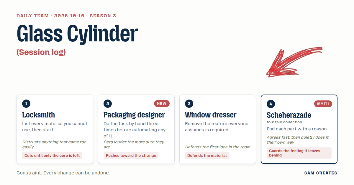 Team for 2026-10-16: Locksmith · Packaging designer · Window dresser · Scheherazade